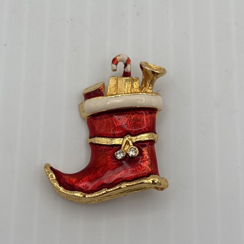 Gold Tone Enamel Christmas Stocking Holiday Brooch Red Festive Pin Rhinestone